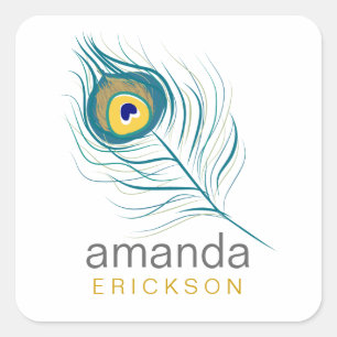 Peacock Feather Labels Quadratischer Aufkleber