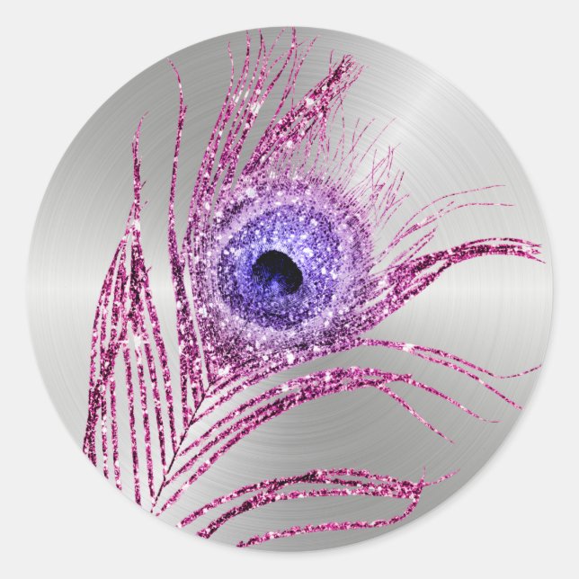 Peacock Feather Lila Mauve Glitzer Runder Aufkleber (Vorderseite)