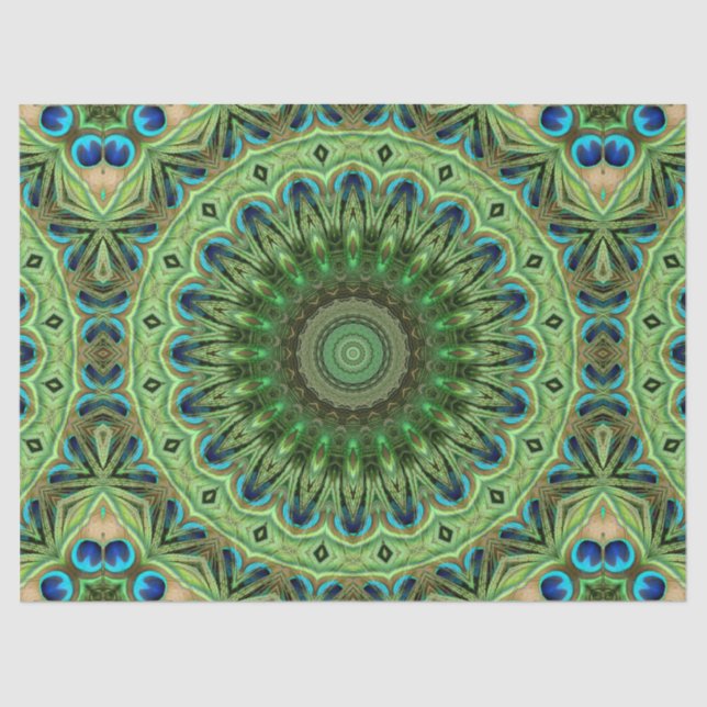 Peacock Feather Mandala Emerald und Blue Symmetry Seidenpapier (Vorderseite)