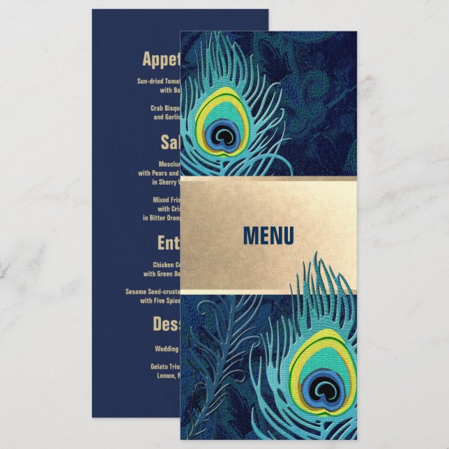 Peacock Feather Marine Blue Gold Mariage Menu Card (Devant / Derrière)