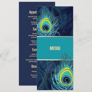 Peacock Feather Marine Blue Mariage Menu Cartes