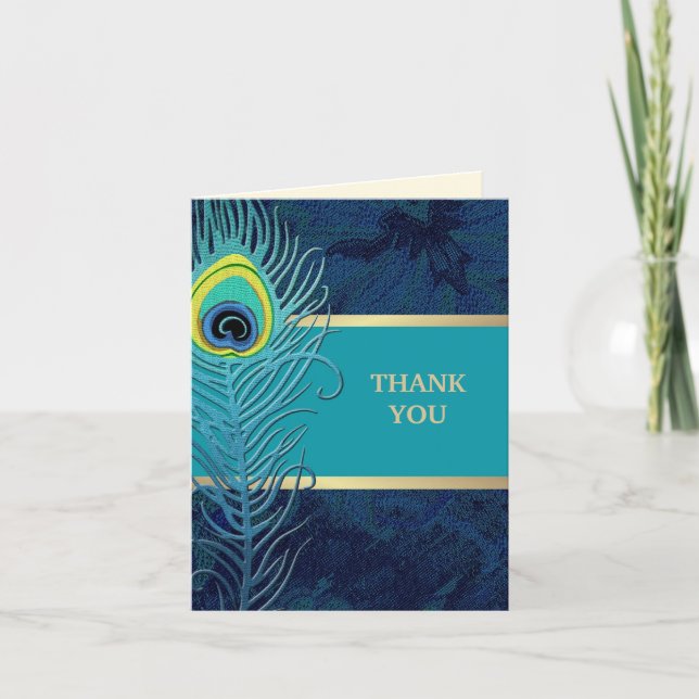 Peacock Feather Marine Blue Mariage Merci Cartes (Devant)
