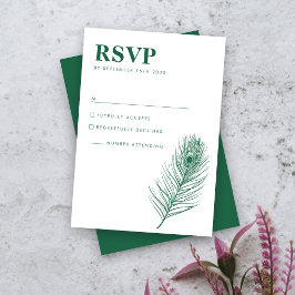 Peacock Feather Minimal Green Wedding RSVP Card Karte