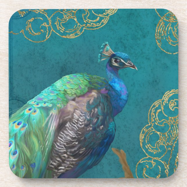 Peacock Feather Modernes Elegantes Design Blaue un Getränkeuntersetzer (Vorderseite)