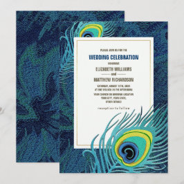 Peacock Feather Navy Blue Gold Wedding Einladung