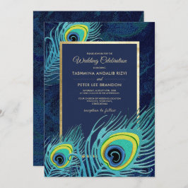 Peacock Feather Navy Blue Gold Wedding Einladung