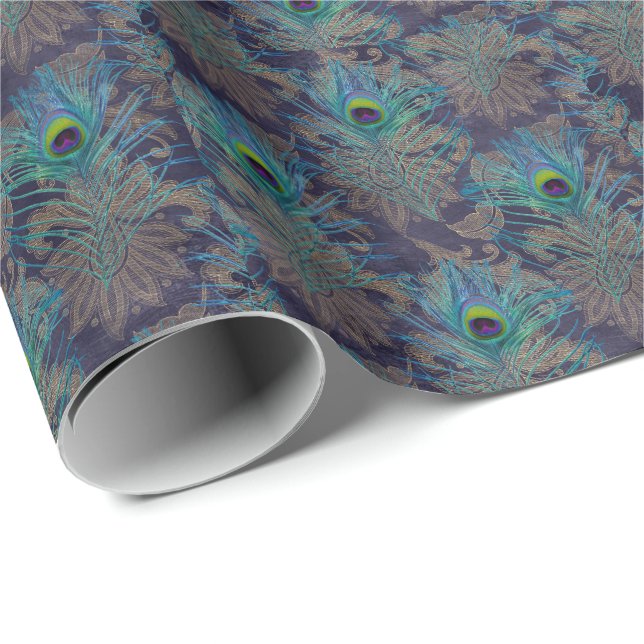 Peacock feather paisley lila aquamarines Gold boho Geschenkpapier (Rolleneckpunkt)