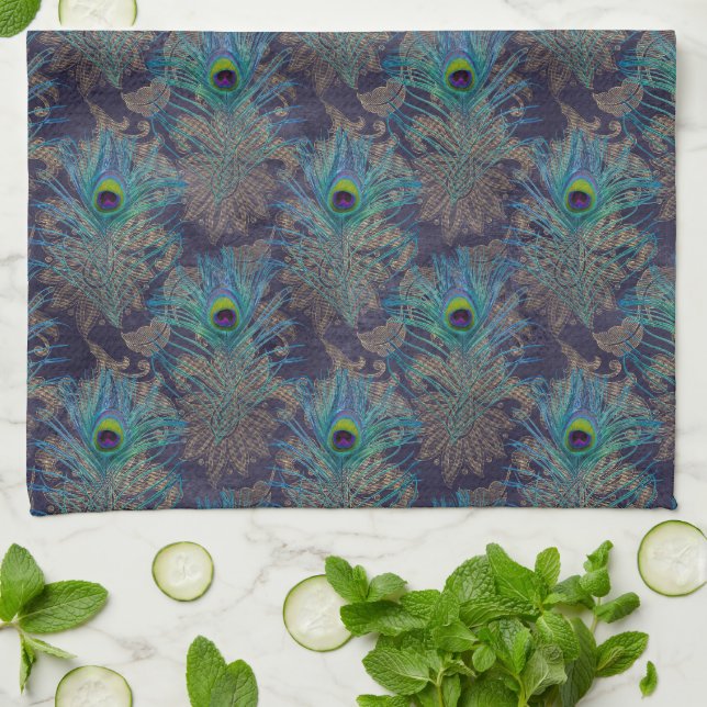 Peacock feather paisley lila aquamarines Gold boho Geschirrtuch (Gefaltet)