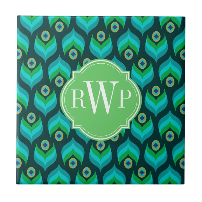 Peacock Feather Pattern Monogram Personalisiert Fliese (Vorderseite)