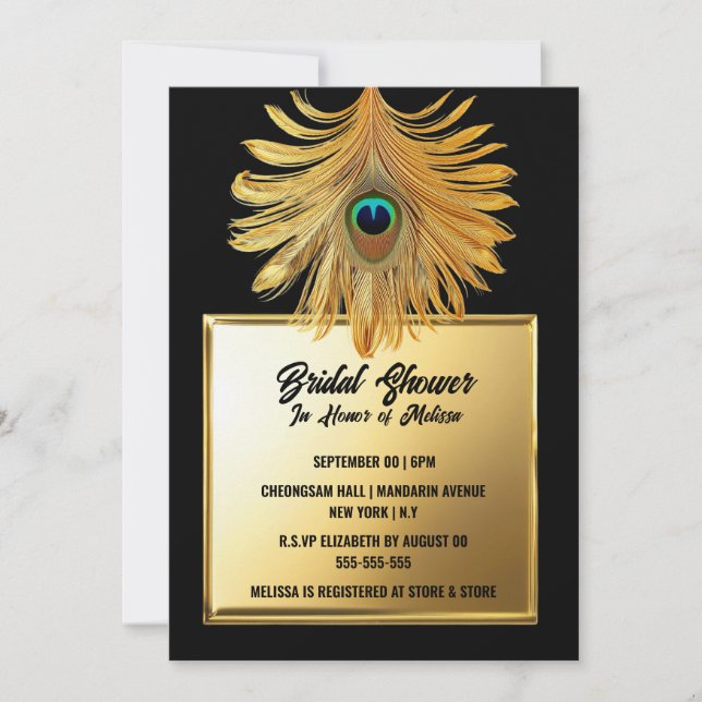Peacock feather plume black gold Brautparty Einladung (Vorderseite)