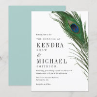 Peacock Feather Poise Green Back Wedite Einladung