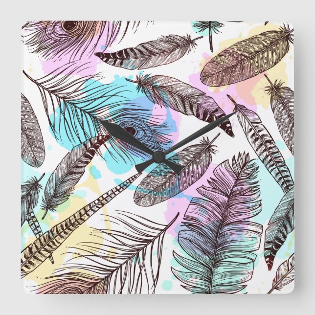 Peacock Feather Quadratische Wanduhr (Vorderseite)