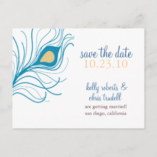 Peacock Feather Save the Date Postcard gelb Ankündigungspostkarte