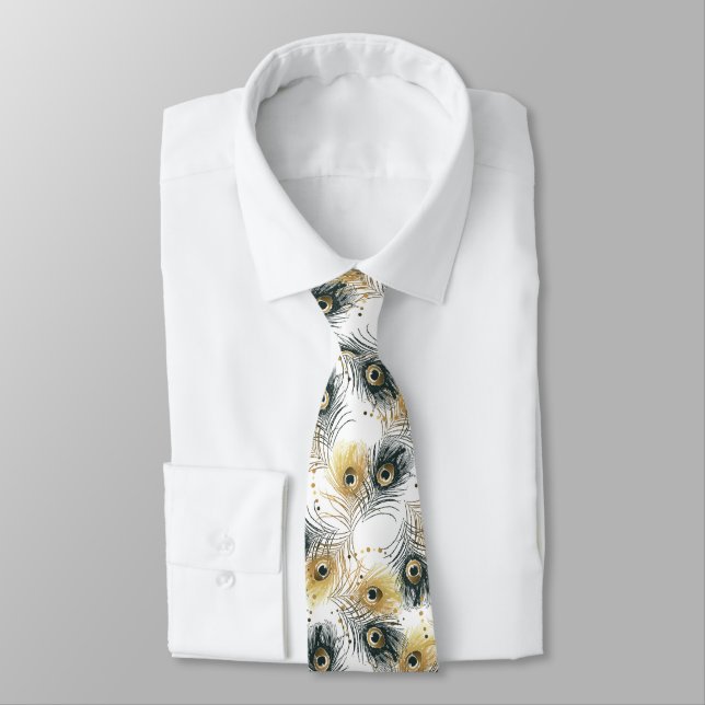 Peacock Feather Schwarz-weiß Gold Mens Necktie Krawatte (Gebunden)