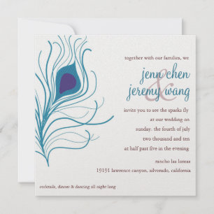 Peacock Feather Wedding Aubergine & Türkis Einladung
