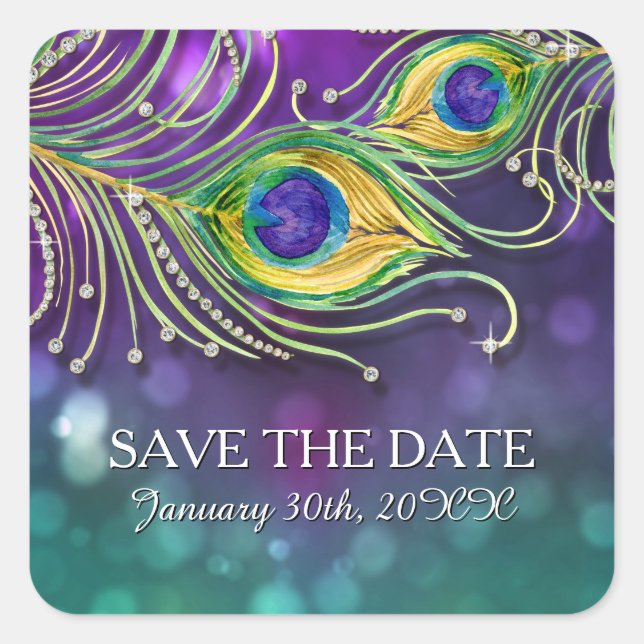 Peacock Feather Wedding Jeweled Feathers Bokeh Quadratischer Aufkleber (Vorderseite)