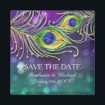 Peacock Feather Wedding Jeweled Save the Date Magnet<br><div class="desc">Matching Save the Date Magnete für Familie und Freunde. Woll eine elegante, festliche Peacock Feather Party Hochzeit, die elegant und schön ist? Dieses Design ist mit handgewebten, wasserfarbenen Pfauenfedern mit grafisch gestalteten Diamantschmuck (HINWEIS: Das ist eine flache gedruckte Einladung, es werden keine wirklichen Schmuck, Goldfolie oder Metallfolie oder Tinte verwendet)...</div>