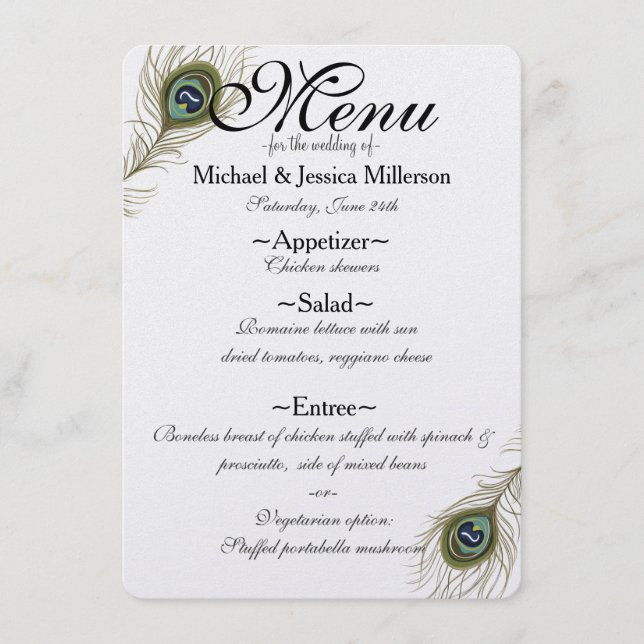 Peacock Feather Wedding Menu Menükarte (Vorderseite)
