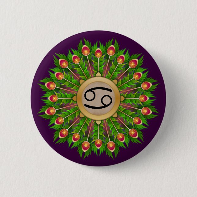 Peacock Feather Wreath Zodiac-Gebärmutterhalskrebs Button (Vorderseite)