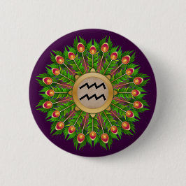 Peacock Feather Wreath Zodiac Sign Aquarius Button