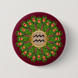 Peacock Feather Wreath Zodiac Sign Aquarius Button