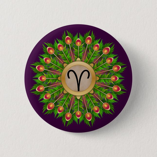 Peacock Feather Wreath Zodiac Sign Aries Button (Vorderseite)