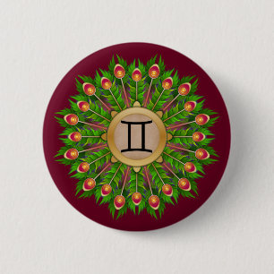 Peacock Feather Wreath Zodiac Sign Gemini Button