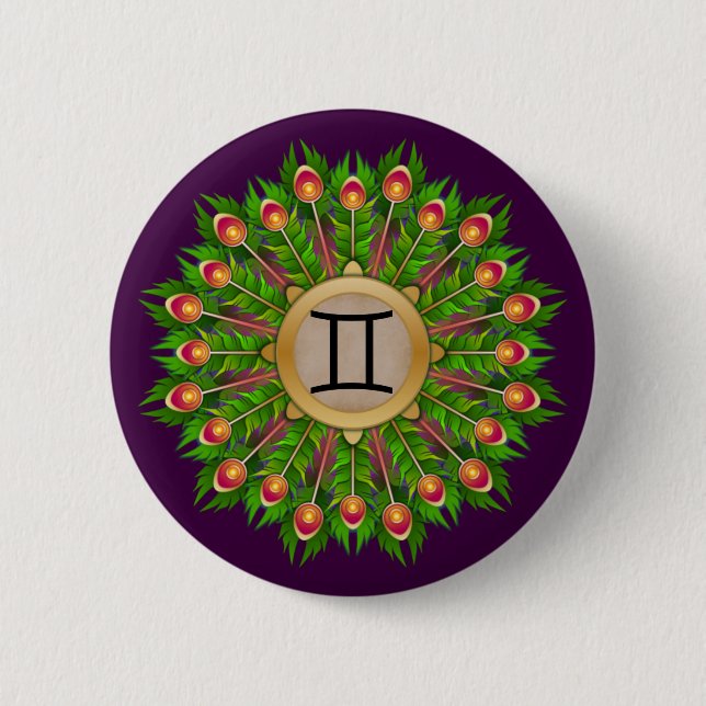 Peacock Feather Wreath Zodiac Sign Gemini Button (Vorderseite)