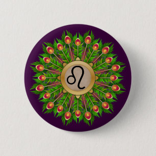 Peacock Feather Wreath Zodiac Sign Leo Button