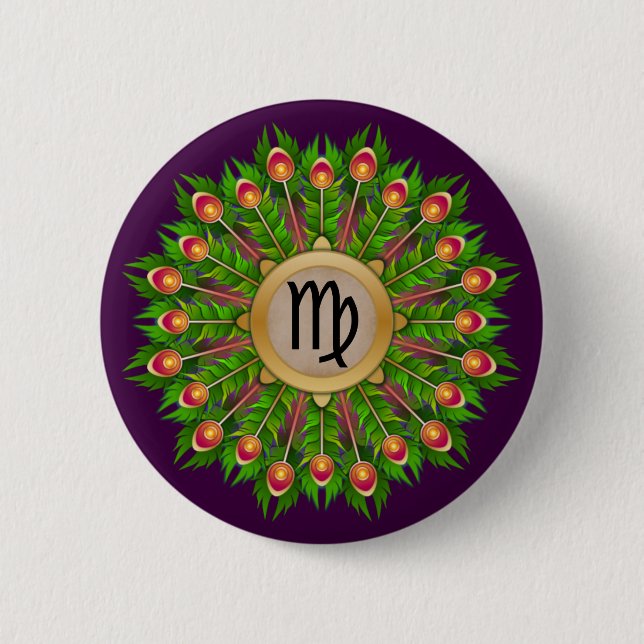 Peacock Feather Wreath Zodiac Sign Virgin Button (Vorderseite)