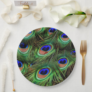 Peacock Feathers Animal Print Aquamarin Green Pappteller