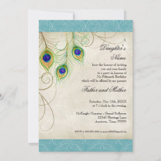 Peacock Feathers Aqua Damask Quinceanera Party Einladung