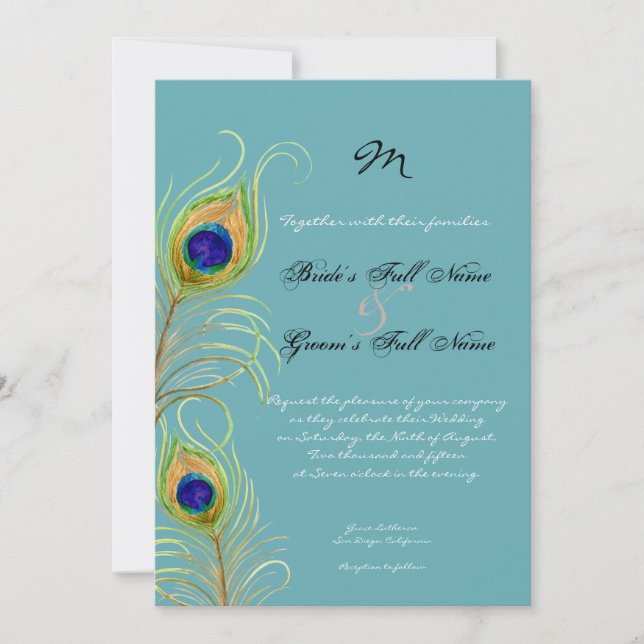 Peacock Feathers Aquamarin Blue Elegante Hochzeit Einladung (Vorderseite)