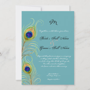 Peacock Feathers Aquamarin Blue Elegante Hochzeit Einladung