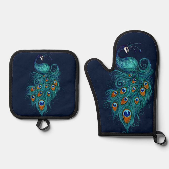 Peacock Feathers Aquamarin Peacocks Ofenhandschuh & Topflappen-Set (Vorderseite)