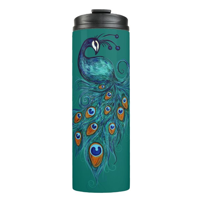 Peacock Feathers Aquamarin Peacocks Thermosbecher (Vorderseite)