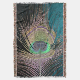 Peacock Feathers auf schwarz und türkis Decke