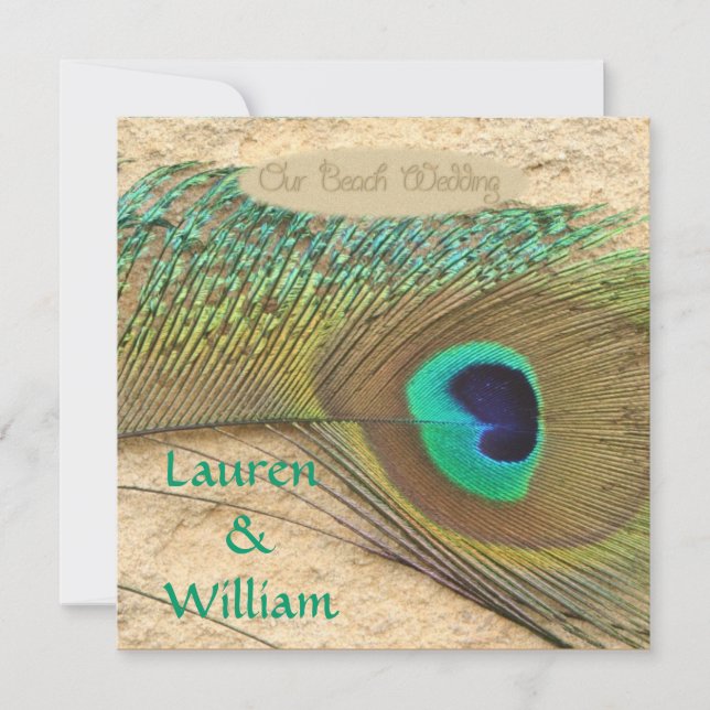 PEACOCK FEATHERS Beach Hochzeit Einladung (Vorderseite)
