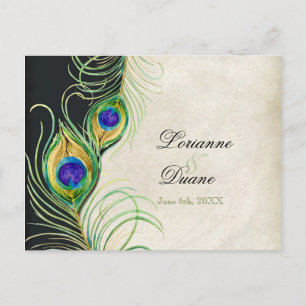 Peacock Feathers Black Damask UAWG Response Card Einladungspostkarte
