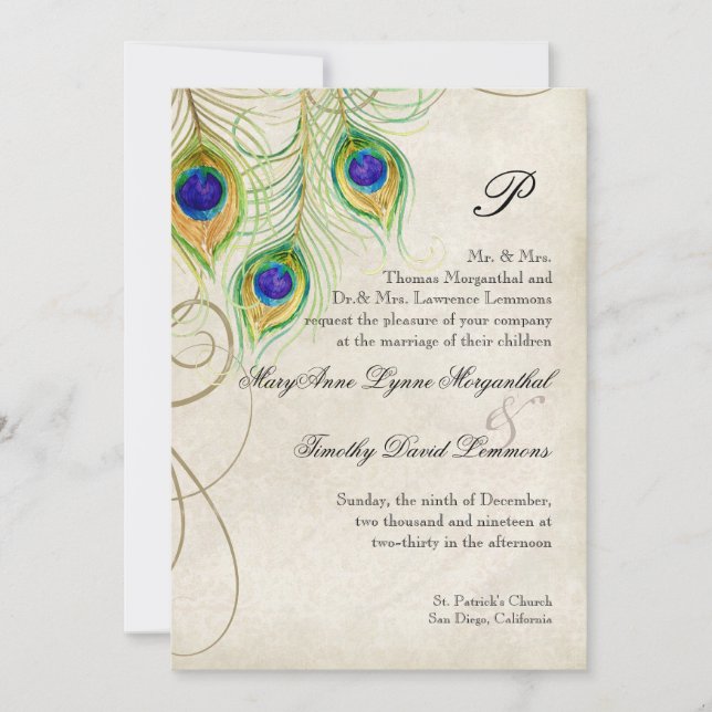 Peacock Feathers Black Damask Wedding Stationery Einladung (Vorderseite)