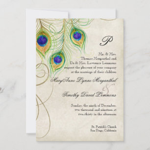 Peacock Feathers Black Damask Wedding Stationery Einladung