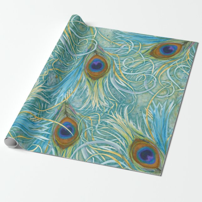 Peacock Feathers Blue Geschenkpapier (Ungerollt)
