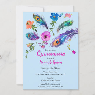 Peacock Feathers & Blume Baby Blue Quinceañera Einladung