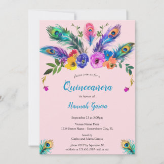 Peacock Feathers & Blume Blush Pink Quinceañera Einladung