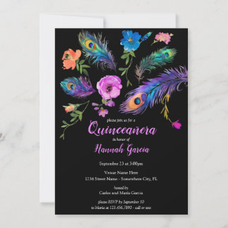 Peacock Feathers & Blume Quinceañera Party Einladung