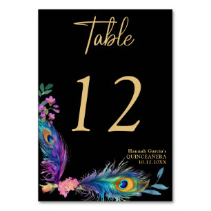 Peacock Feathers & Blume Quinceañera Tischnummer