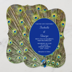 Peacock Feathers & Calligraphy on Blue Wedding Einladung