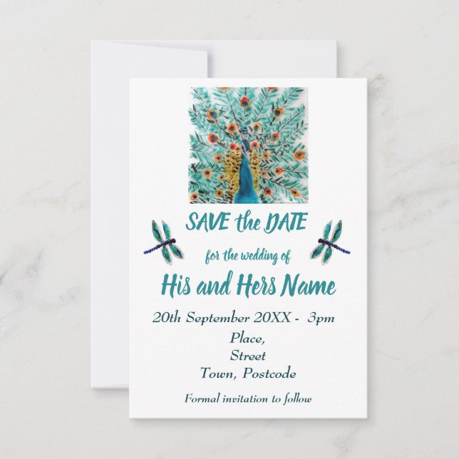 Peacock Feathers Dragonfly Türkis Save the Date (Vorderseite)