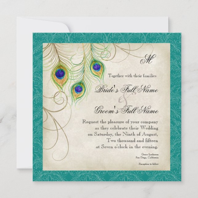 Peacock Feathers Faire-part de mariage - Bleu Turq (Devant)