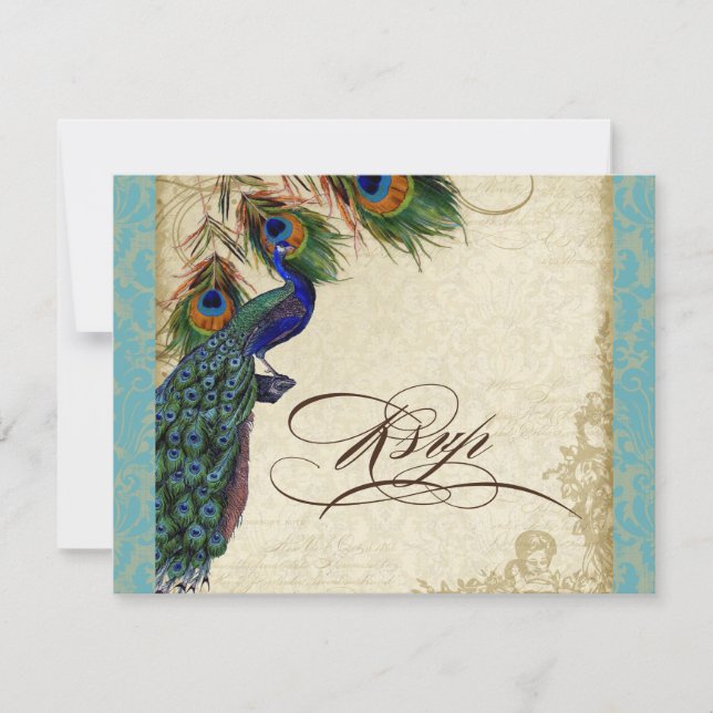 Peacock & Feathers Formal RSVP Réponse Aqua Blue (Devant)
